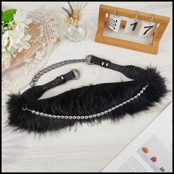 Faux Fur PU Leather Chain Waist Belt Adjustable Wide Chunky Belt main image 7